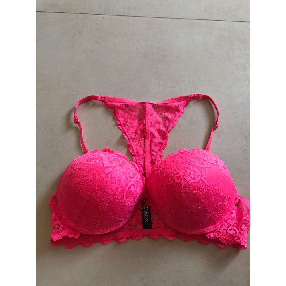 Pink lace racerback front closure push-up bra